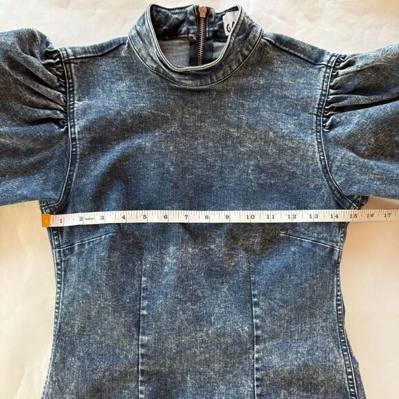 GANNI 90's Acid Wash Stretch Denim Puff Sleeve Mock Neck Cult Mini Dress Size 36 - Picture 14 of 16